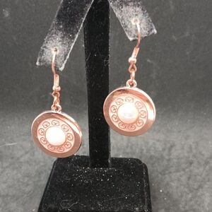 Rose Gold Tone and Faux Pearl Circle Earrings with Textured Design